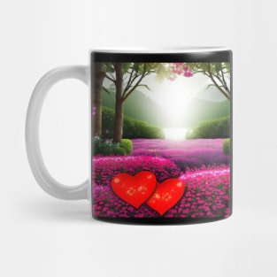 Valentine Wall Art - Hearts in a sunrise garden - Unique Valentine Fantasy Planet Landsape - Photo print, canvas, artboard print, Canvas Print and T shirt Mug